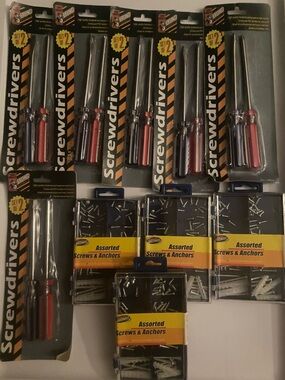 Assorted Screwdriver Sets & Screws - Red/Black/Blue Handles (10pk)